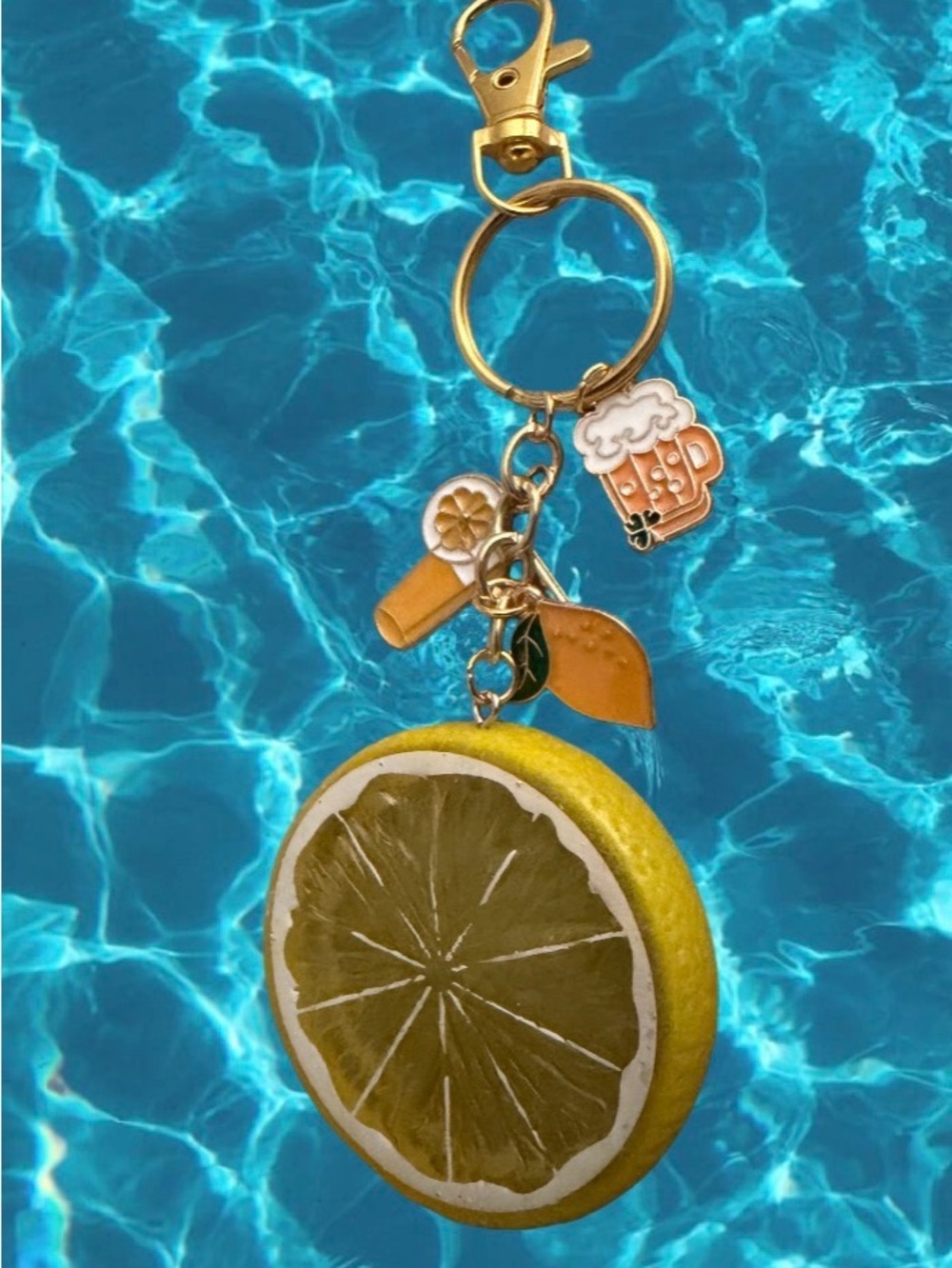 Source Unknown Yellow Lemon Slice Keychain with Gold Charms